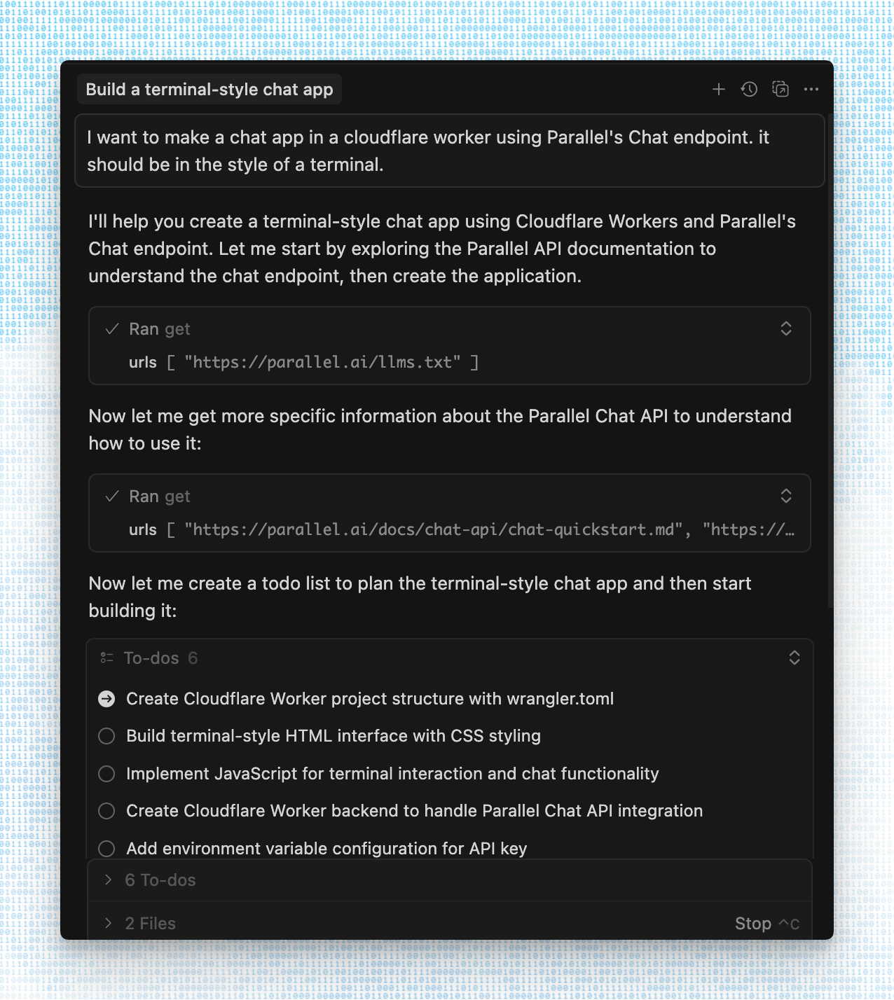 Build a terminal-style chat app using Parallel's llms.txt