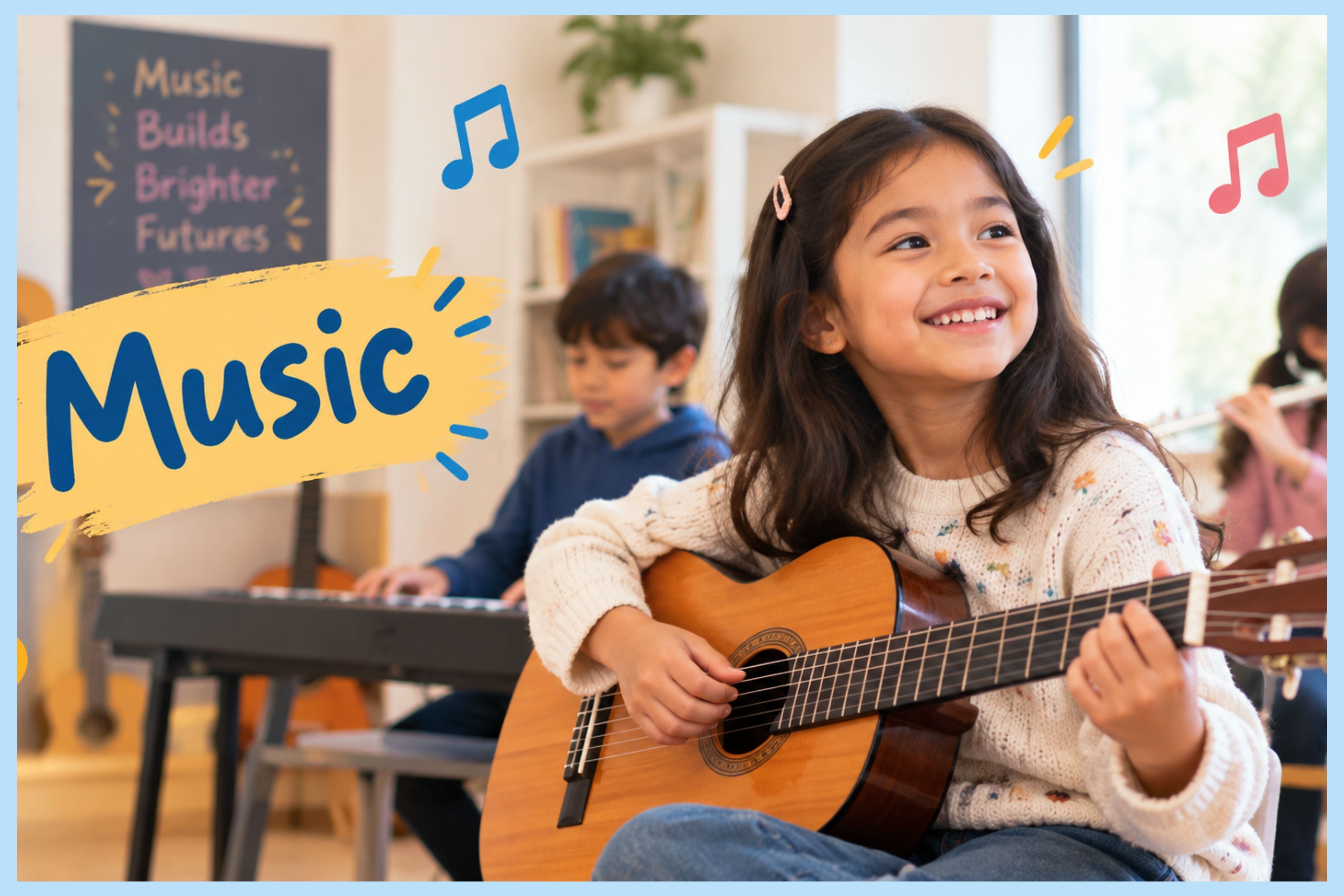 Child playing guitar during a music lesson with a teacher at a Northern Virginia music school