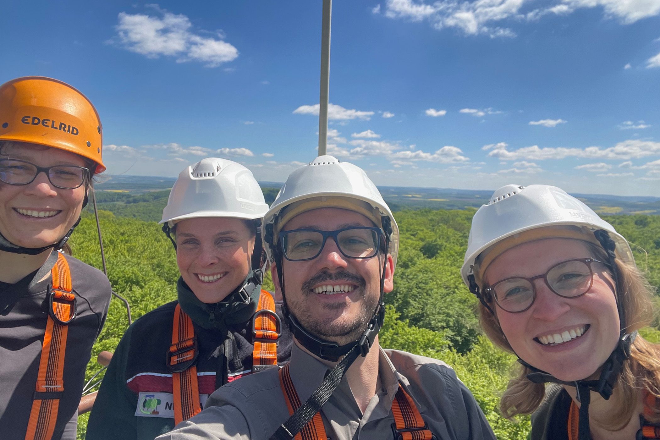 A selfie above the treetops. Dr Anne Klosterhalfen, Dr Sandra Peters, Dr Esteban Muñoz and Svenja Dobelmann (from left to right) on the measurement tower. 