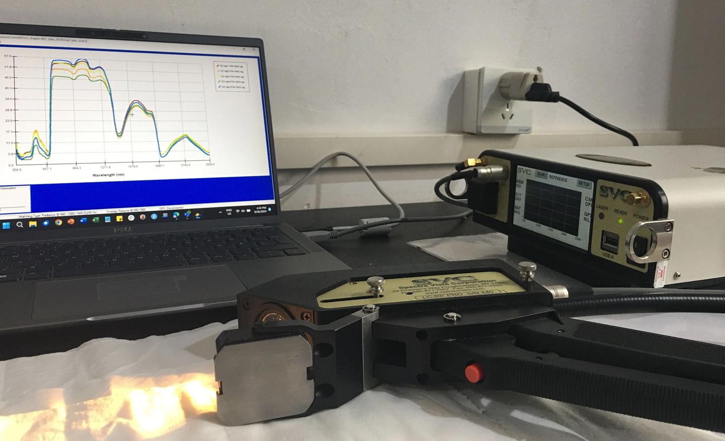 A picture of a desk. To the left is a laptop with different coloured graphs, to the right is the device that measured them. At the bottom, the spectroradiometer lays.