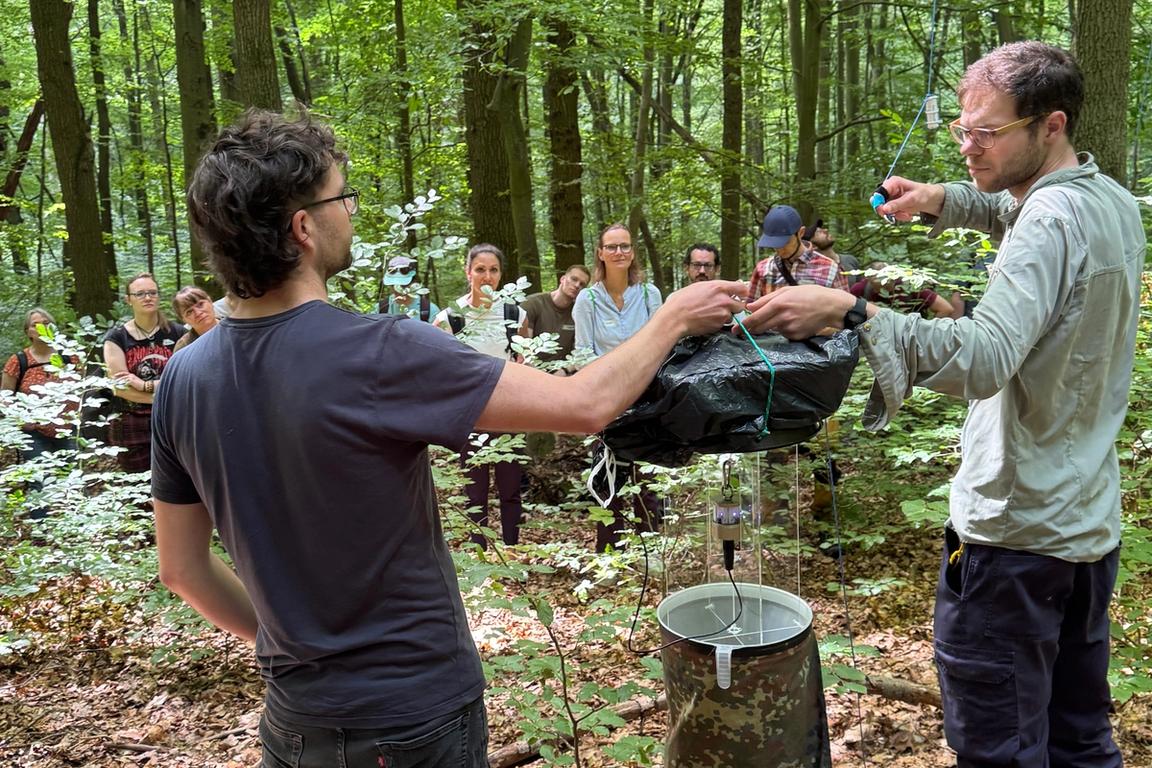 Mit einer Lichtfalle untersucht Daniel Ochterbeck (rechts) die Nachtfalter im Forschungswald.