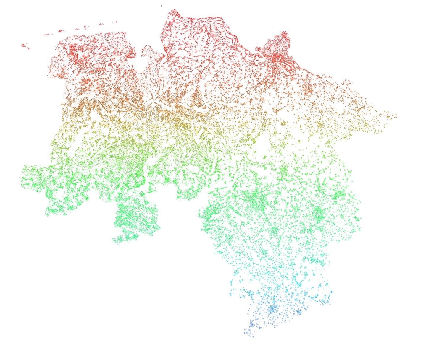 Map of Lower Saxony showing all settlement units in the federal state as points.