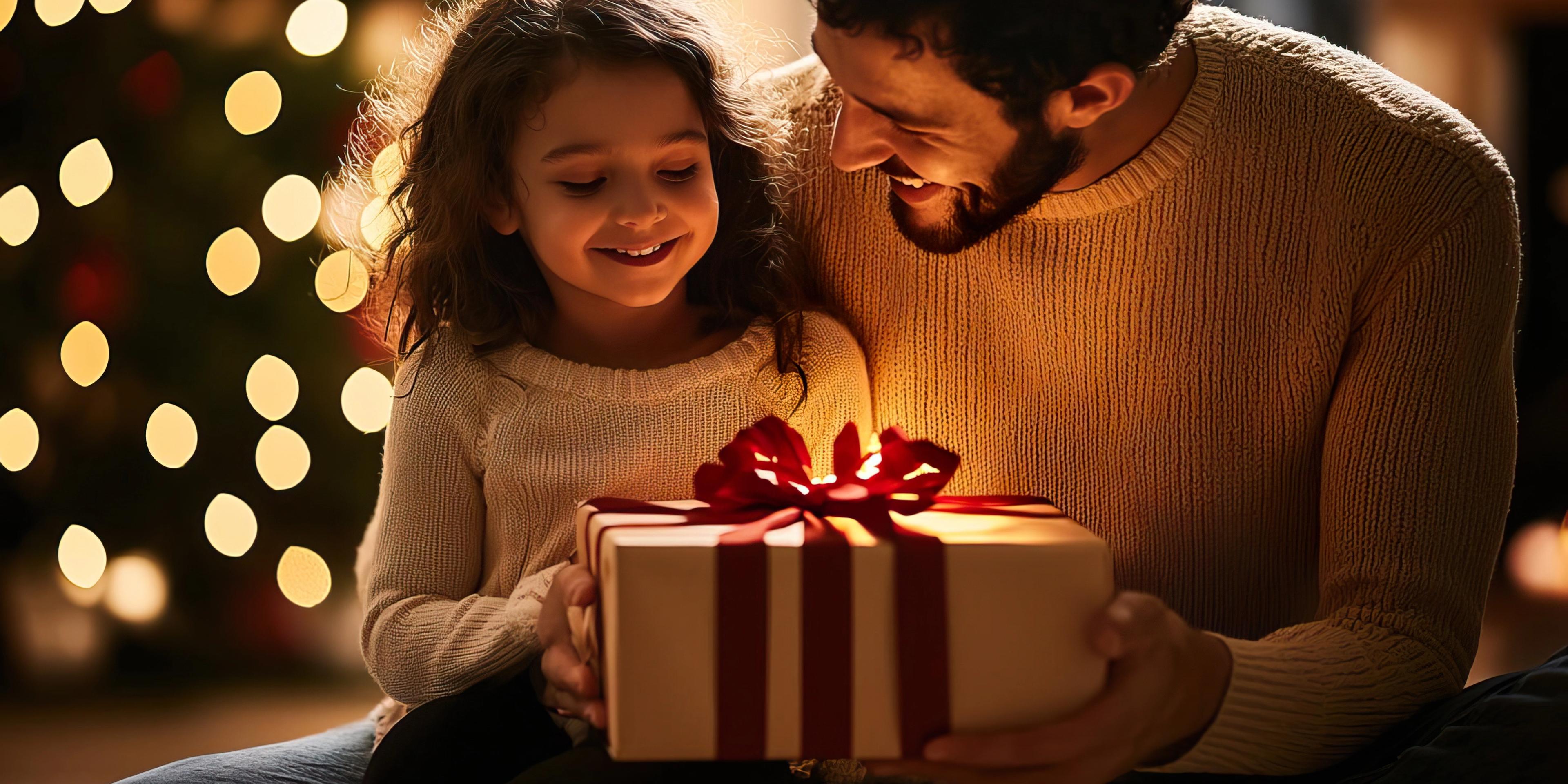 Dad and daughter under the tree looking at a gift