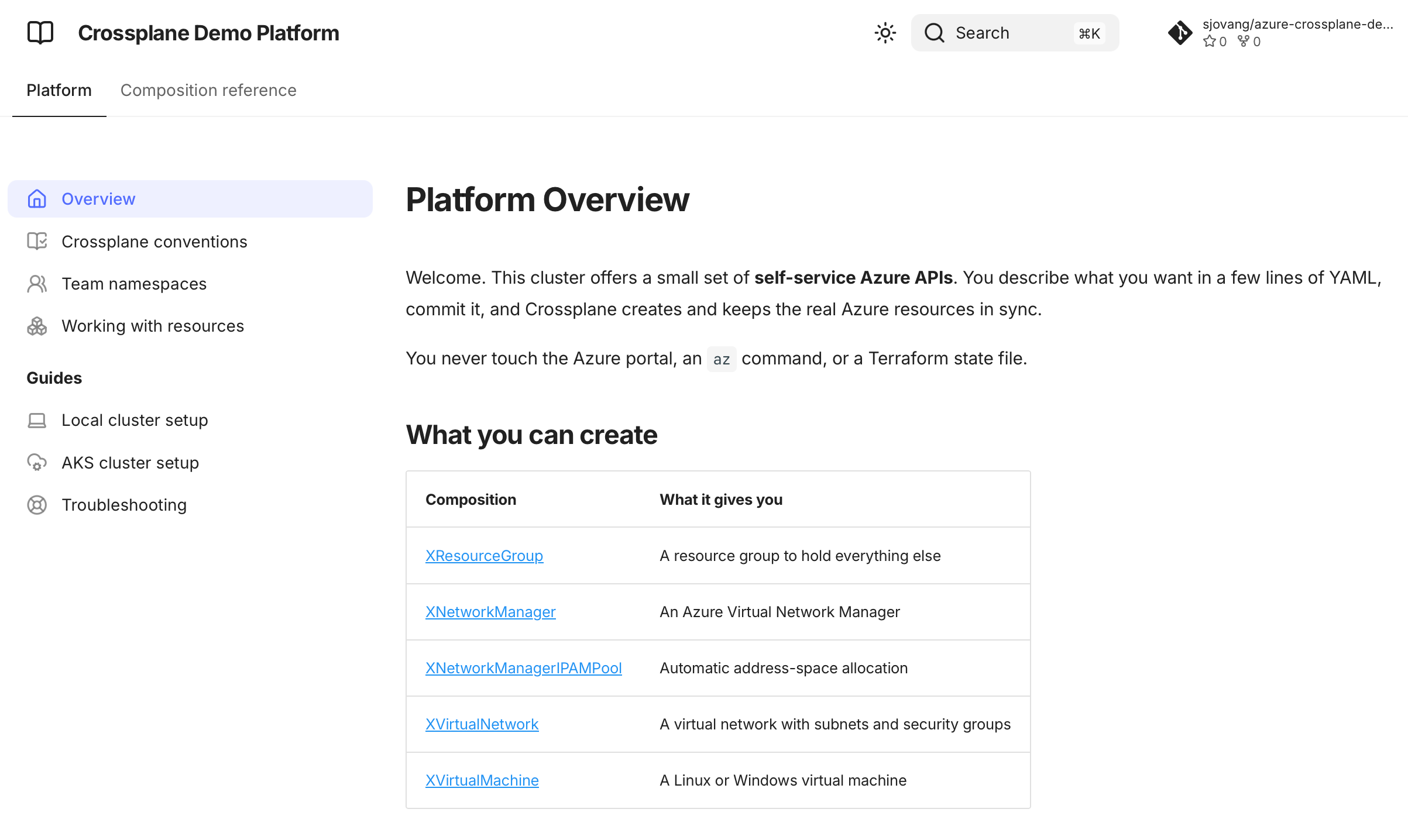Screenshot of Azure Crossplane Demo: Demo environment for managing Azure resources with Crossplane, with bootstrap code for running a local cluster on MacOS and in Azure Kubernetes…