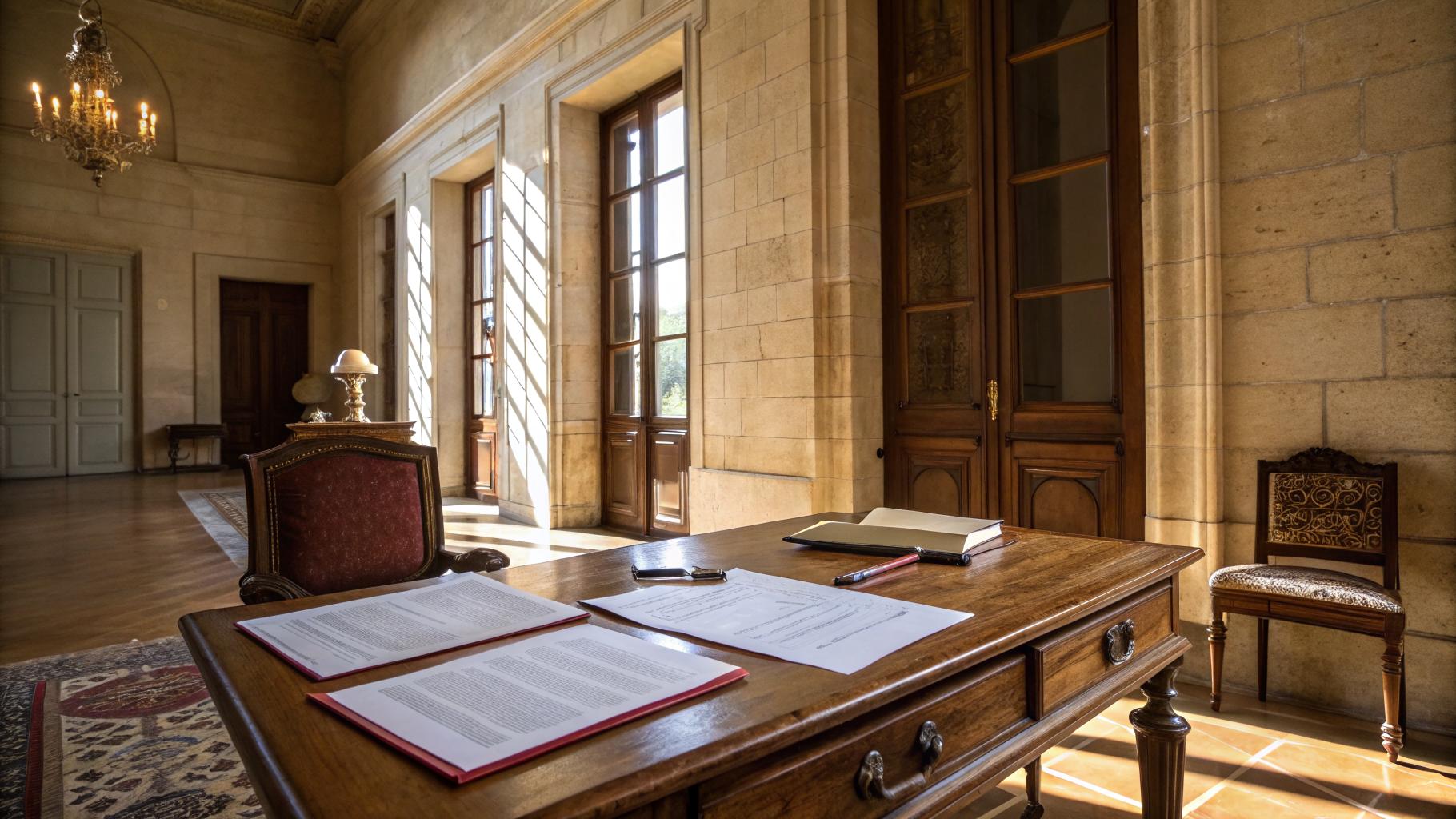Documents de gestion locative sur un bureau en bois chaud dans un appartement bordelais du 18e siècle, lumière atlantique dorée