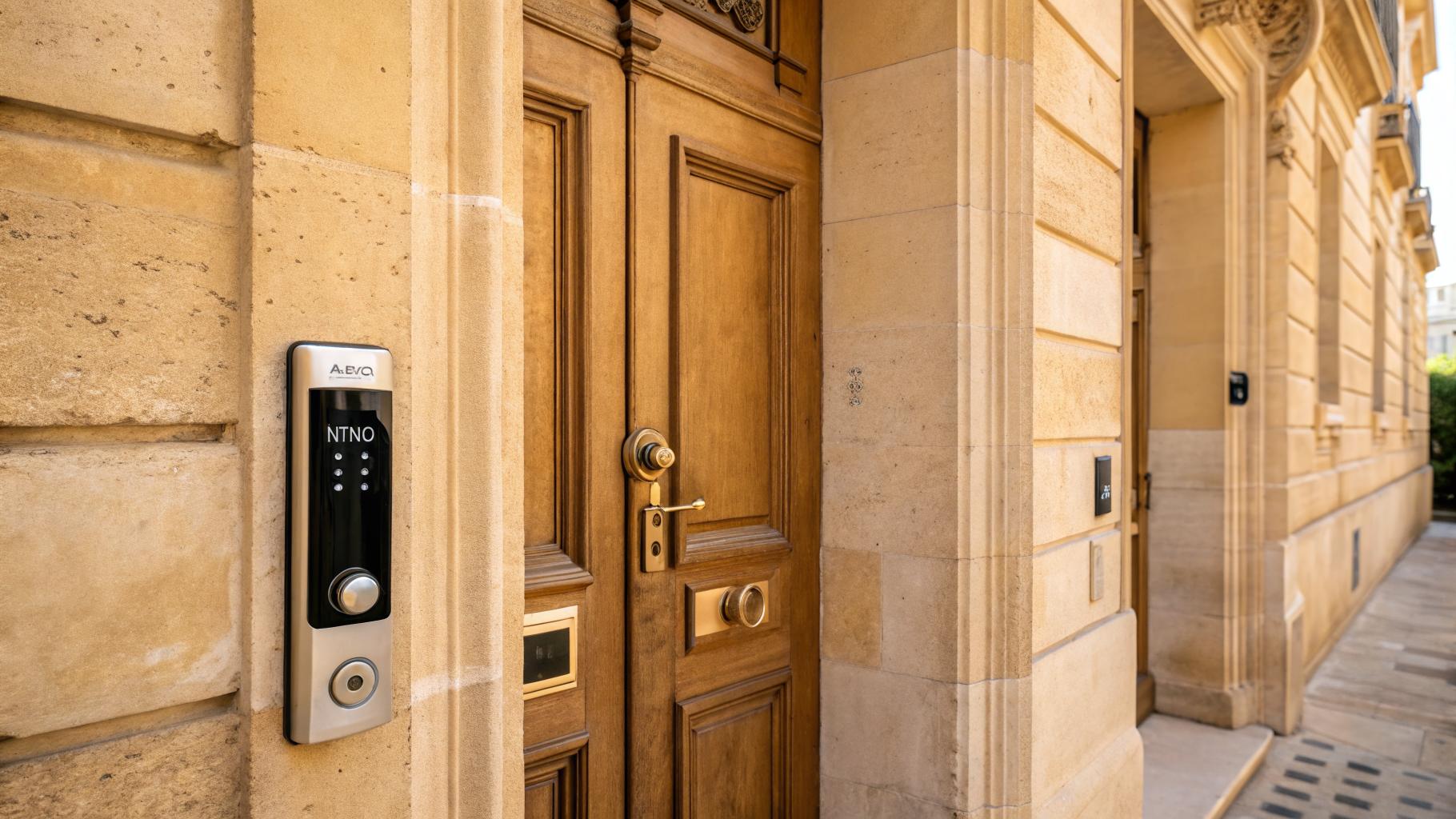 Serrure connectée moderne sur porte bordelaise en pierre calcaire 18e siècle, quincaillerie en laiton vintage, lumière atlantique ambrée