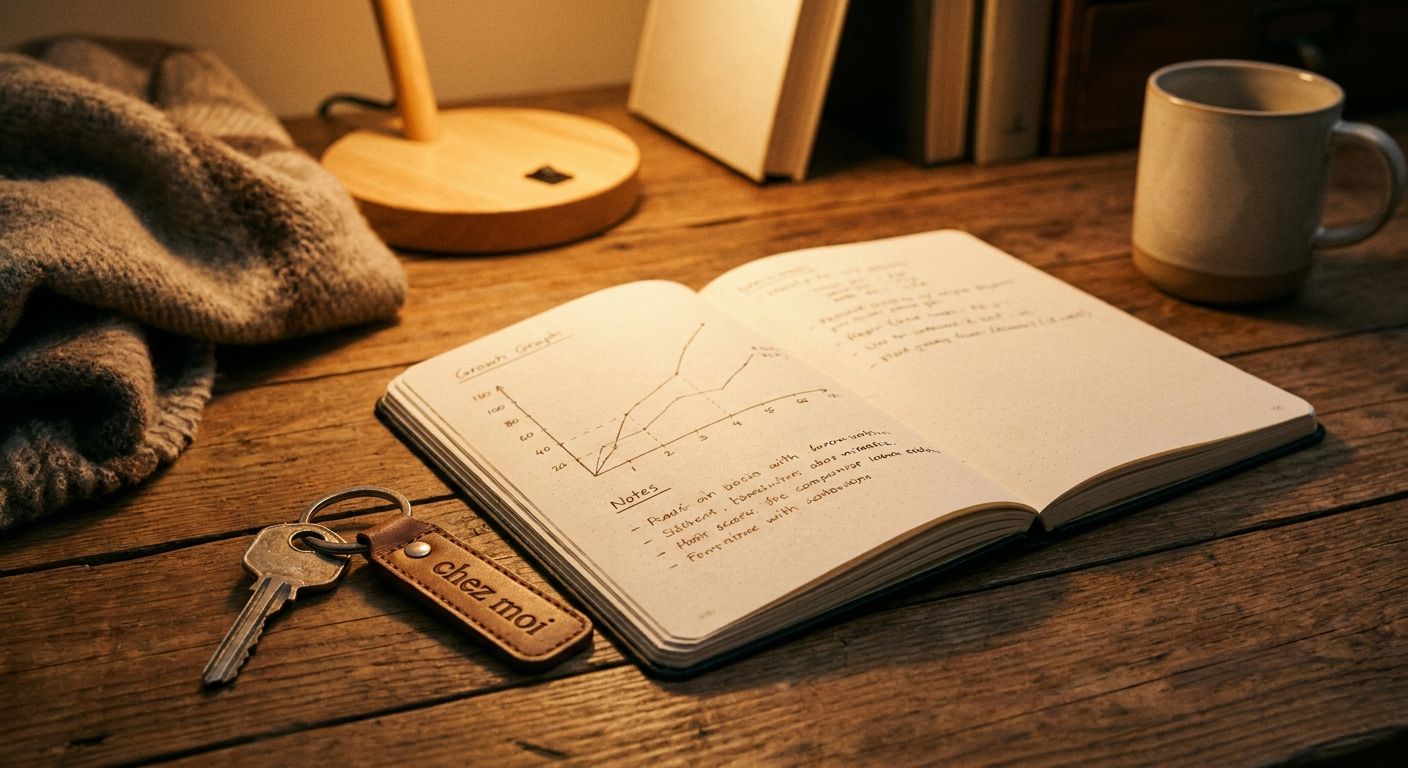 Carnet ouvert avec un graphique de revenus dessiné à la main et une clé de logement posée sur un bureau en bois, lumière ambrée chaude