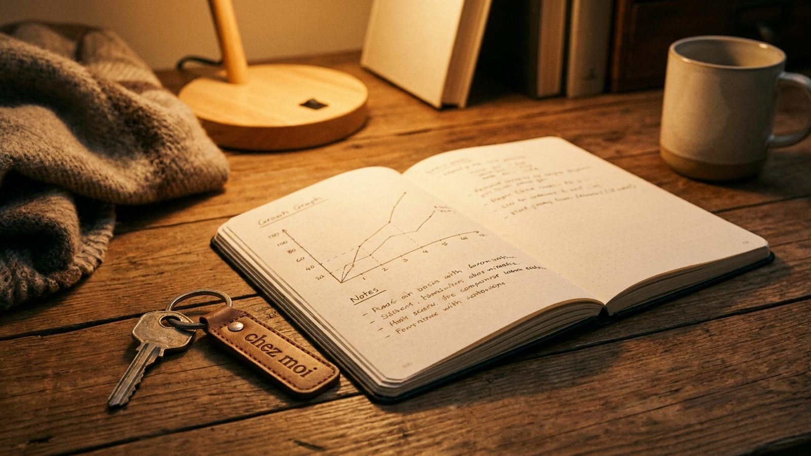 Carnet ouvert avec un graphique de revenus dessiné à la main et une clé de logement posée sur un bureau en bois, lumière ambrée chaude
