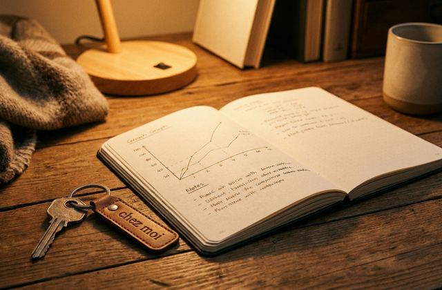 Carnet ouvert avec un graphique de revenus dessiné à la main et une clé de logement posée sur un bureau en bois, lumière ambrée chaude