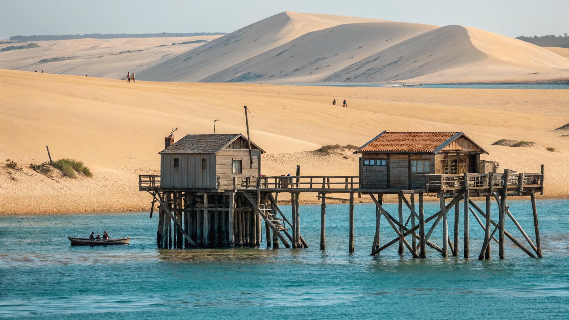 Bassin d'Arcachon à marée basse, cabanes tchanquées sur pilotis dans l'eau turquoise, dune du Pilat en fond, lumière atlantique