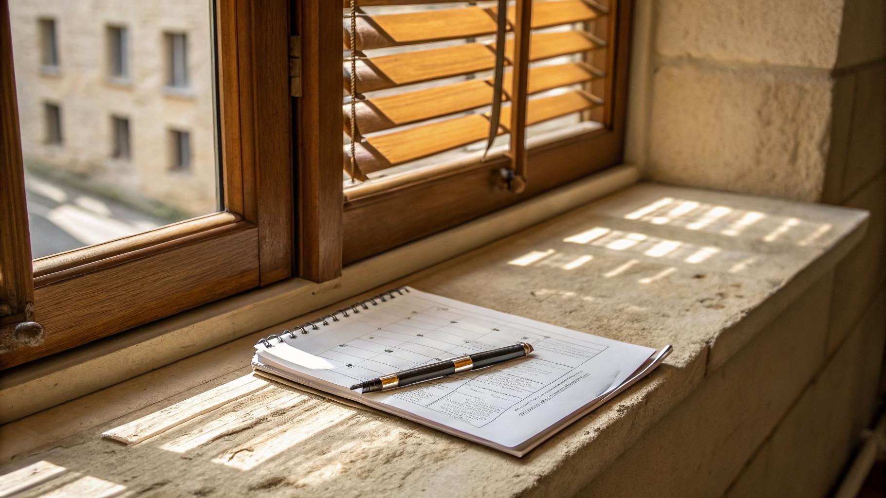 Agenda papier et stylo sur un appui de fenêtre en pierre calcaire bordelaise, lumière ambrée filtrée à travers les volets, intérieur 18e siècle