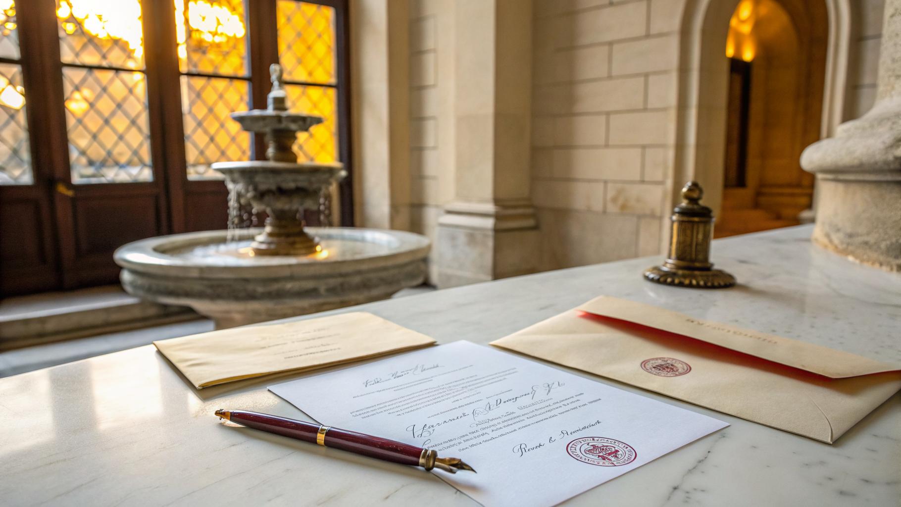 Documents administratifs officiels et enveloppe sur marbre blanc, fenêtre en pierre calcaire bordelaise en arrière-plan avec lumière ambrée