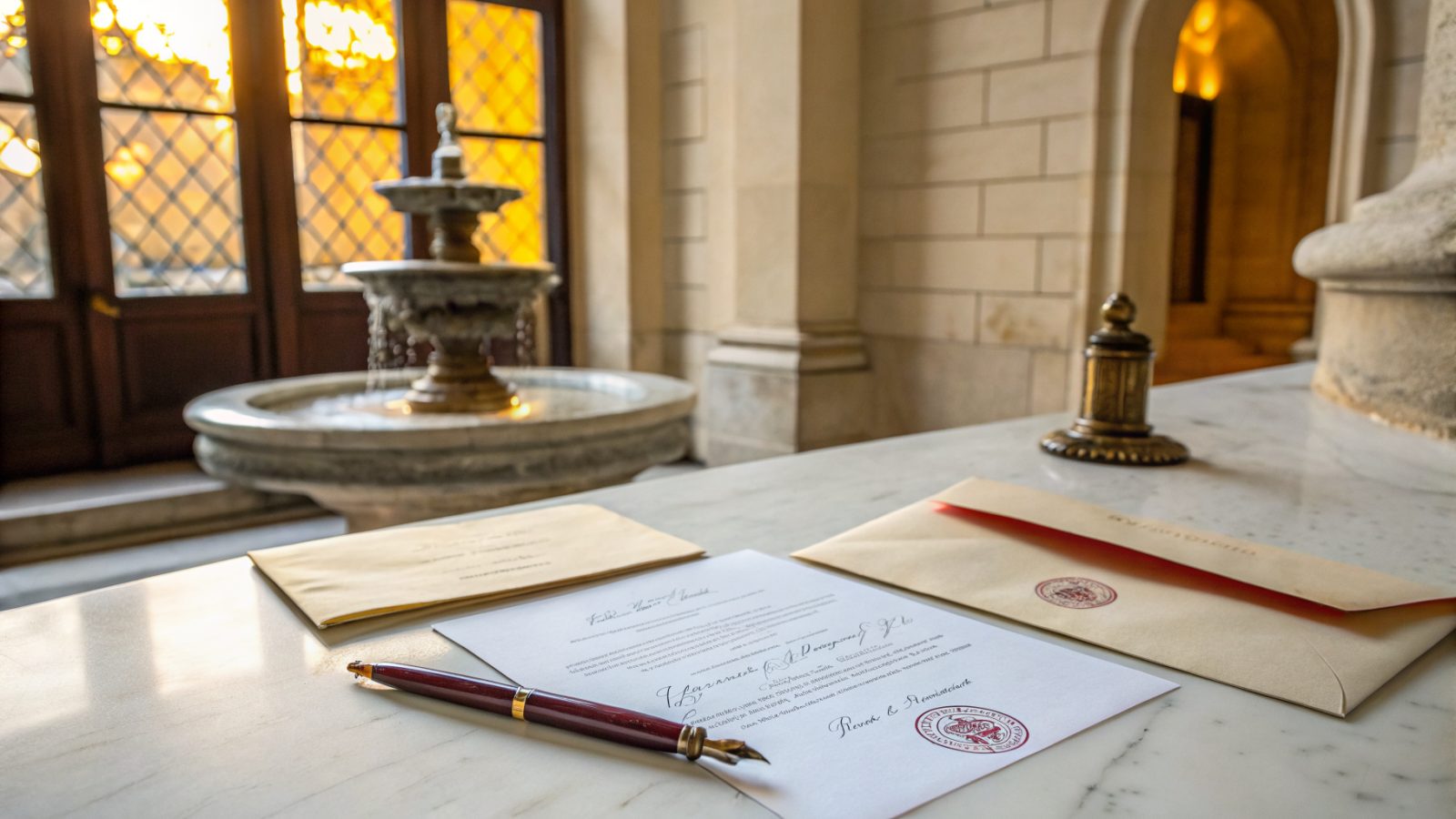 Documents administratifs officiels et enveloppe sur marbre blanc, fenêtre en pierre calcaire bordelaise en arrière-plan avec lumière ambrée