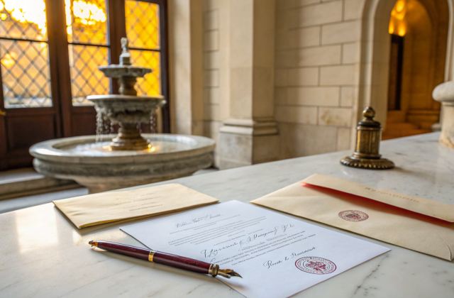 Documents administratifs officiels et enveloppe sur marbre blanc, fenêtre en pierre calcaire bordelaise en arrière-plan avec lumière ambrée