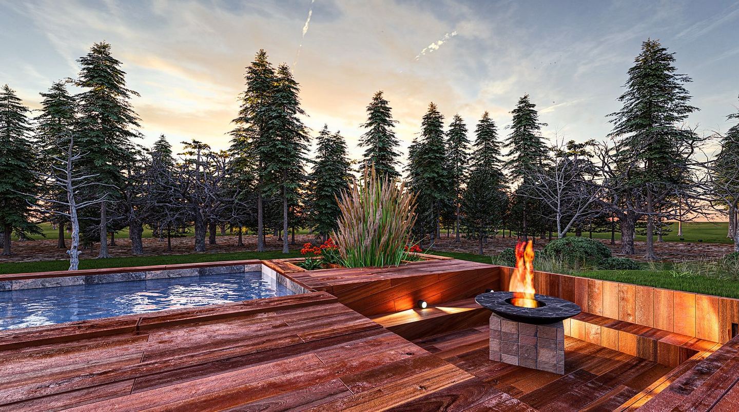 Rendu 3D d'une terrasse en bois avec piscine et brasero au coucher du soleil