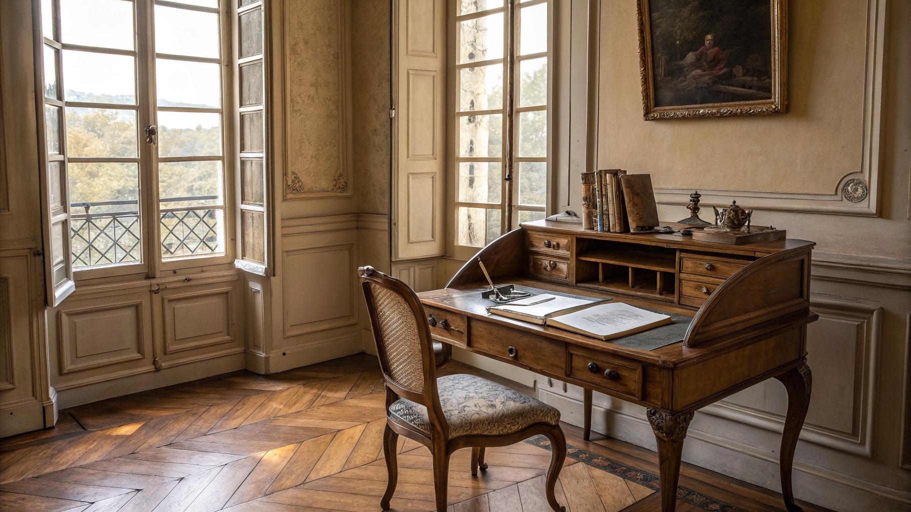 Espace de travail élégant dans appartement bordelais 18e siècle, bureau en chêne avec carnet ouvert et stylo, lumière atlantique ambrée à travers grandes fenêtres