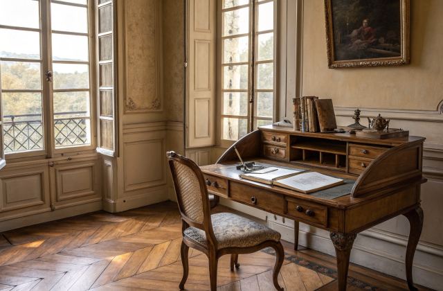 Espace de travail élégant dans appartement bordelais 18e siècle, bureau en chêne avec carnet ouvert et stylo, lumière atlantique ambrée à travers grandes fenêtres