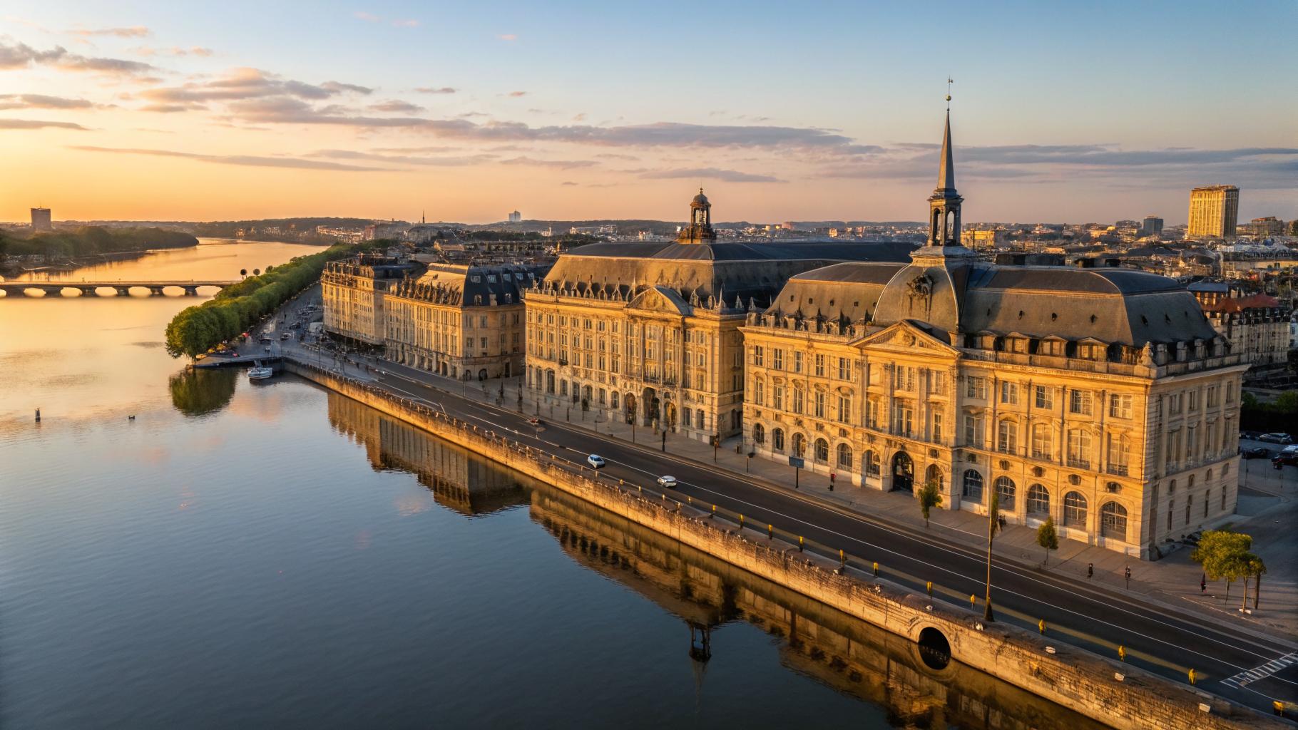 Vue aérienne des quais bordelais et du miroir d'eau à heure dorée, façade calcaire 18e siècle de la Place de la Bourse reflétée dans l'eau