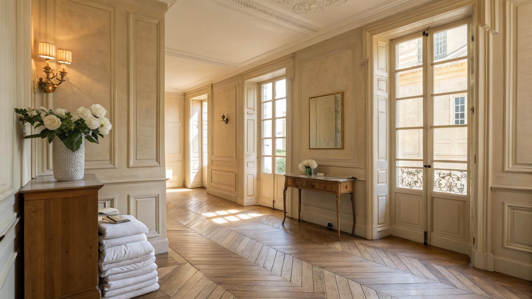Appartement bordelais 18e siècle après service professionnel, parquet en chevrons lustré, linge blanc frais, lumière atlantique ambrée