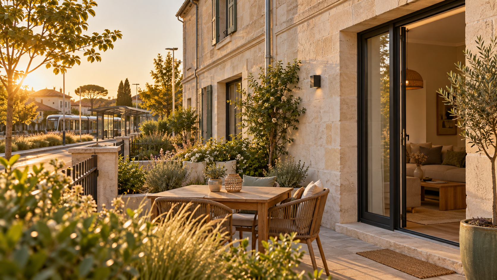 Façade contemporaine et terrasse à l’ouest de Bordeaux dans une lumière ambrée.