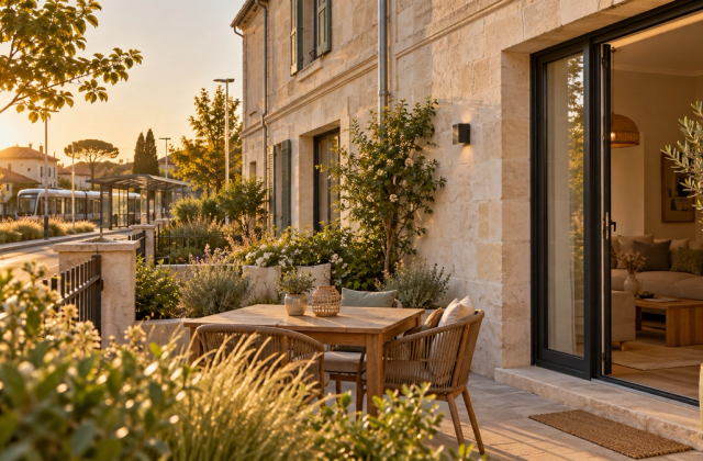 Façade contemporaine et terrasse à l’ouest de Bordeaux dans une lumière ambrée.