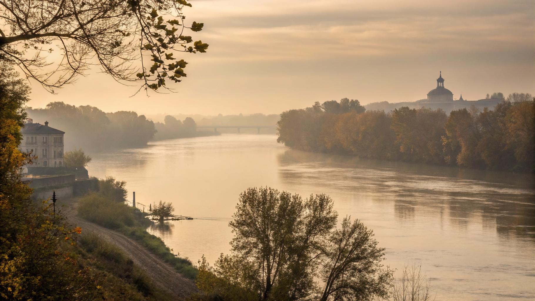 Garonne sous brouillard d'automne, quais de Bordeaux estompés dans la brume dorée, lumière atlantique diffuse, atmosphère hivernale