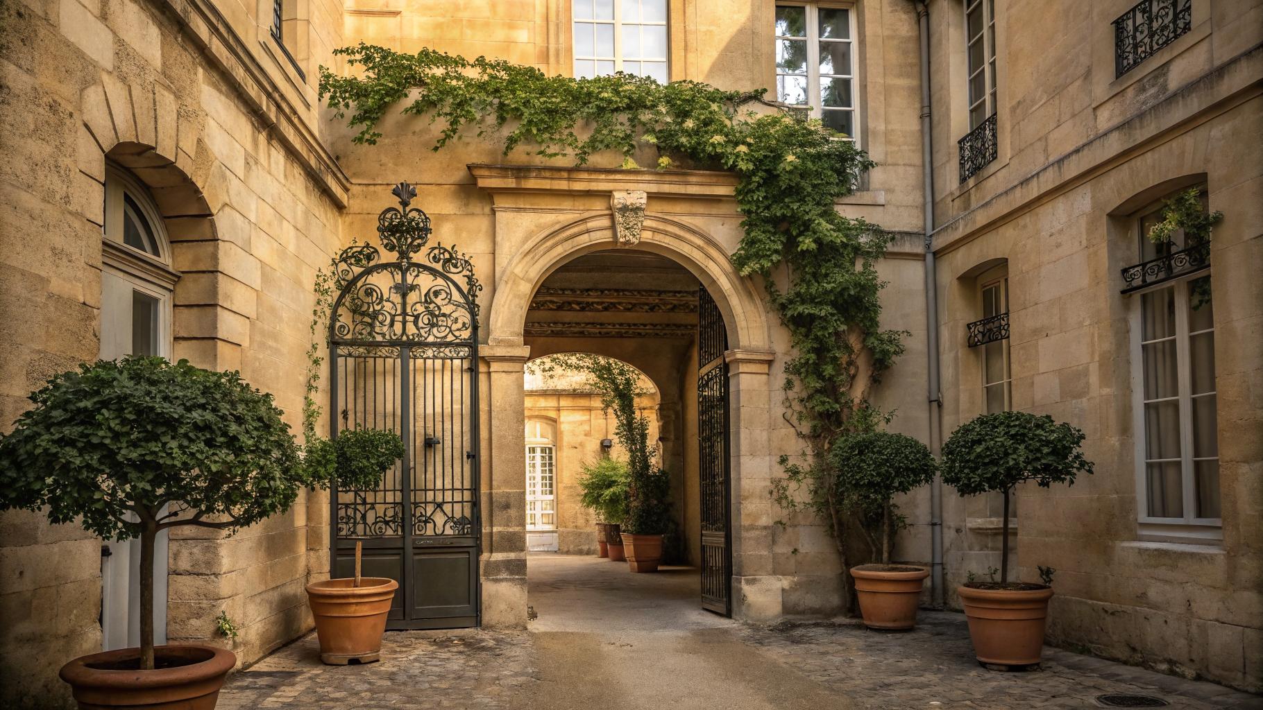 Cour intérieure bordelaise 18e siècle, arc en pierre calcaire miel avec jasmin grimpant, portail en fer forgé, orangers en pot, lumière atlantique dorée