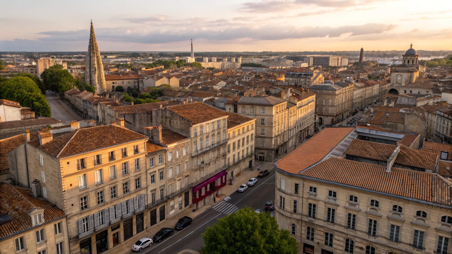 Vue aérienne de la diversité des toits bordelais, mosaïque d'architecture 18e, Belle Époque et contemporaine, tuiles et ardoises en lumière dorée