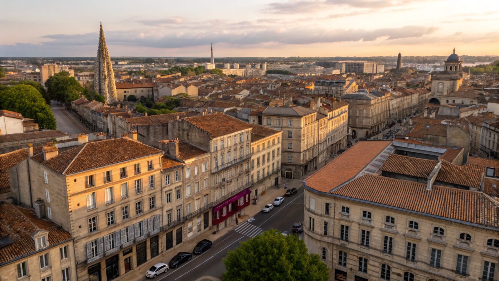 Vue aérienne de la diversité des toits bordelais, mosaïque d'architecture 18e, Belle Époque et contemporaine, tuiles et ardoises en lumière dorée