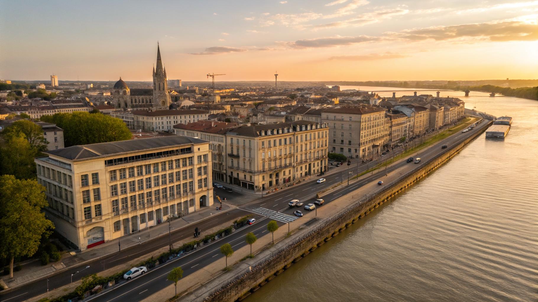 Vue aérienne du nouveau quartier riverain de Bordeaux au coucher du soleil, mélange d'architecture moderne et historique le long de la Garonne