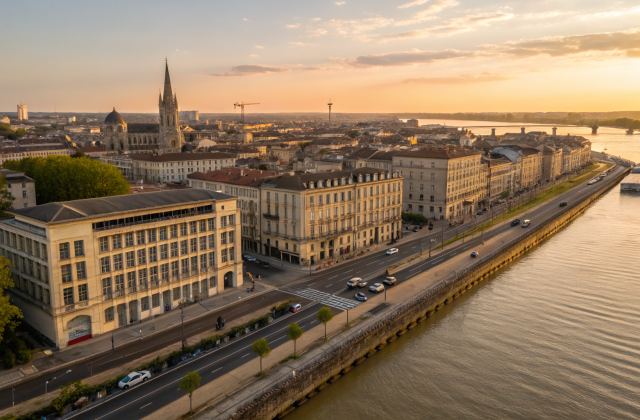 Vue aérienne du nouveau quartier riverain de Bordeaux au coucher du soleil, mélange d'architecture moderne et historique le long de la Garonne