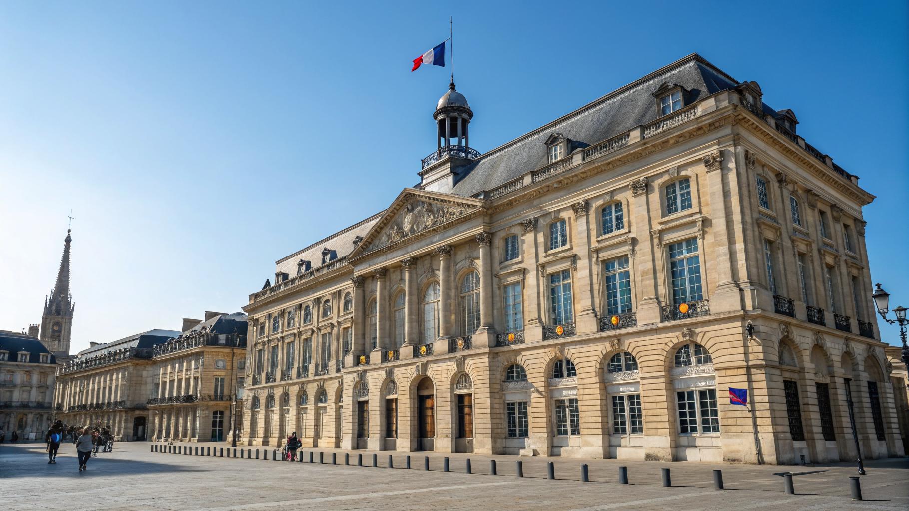 Façade de la mairie de Bordeaux, architecture pierre calcaire, ciel bleu