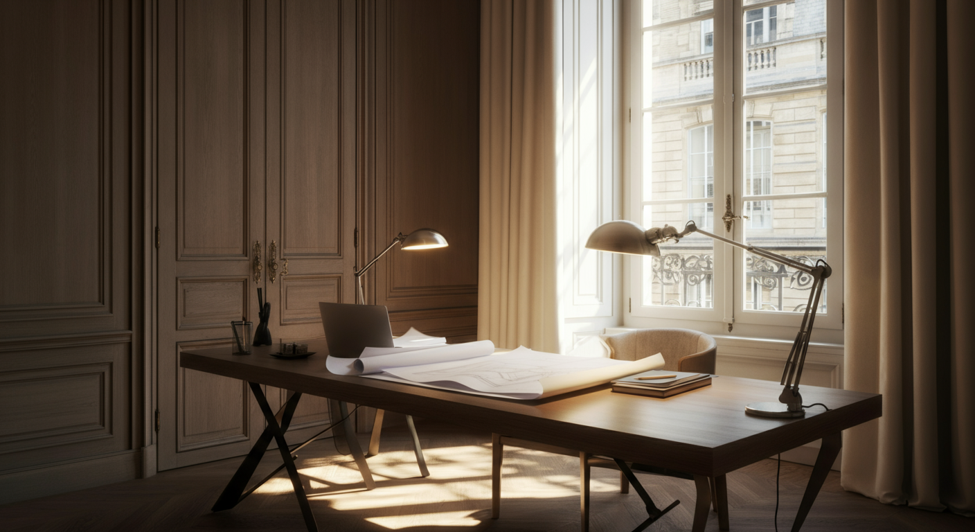 Bureau élégant dans un appartement bordelais haussmannien, lumière naturelle par de hautes fenêtres françaises, atmosphère professionnelle et raffinée