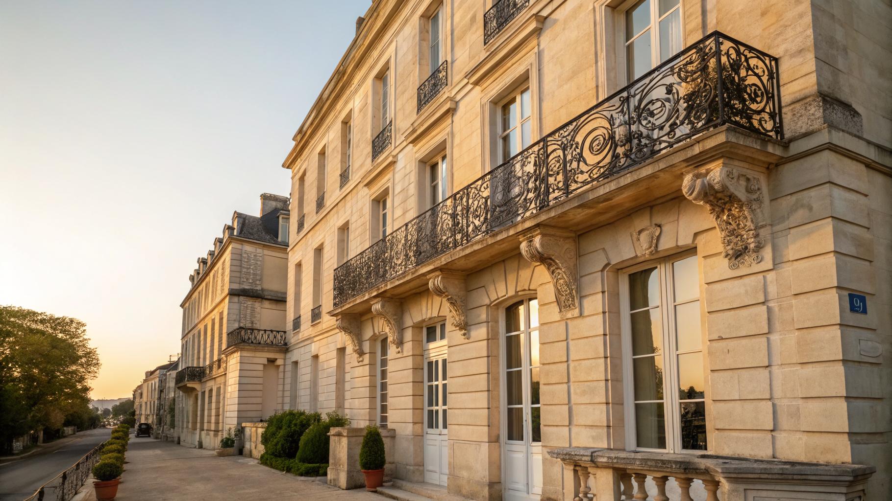 Façade d'immeuble bordelais en pierre calcaire du 18e siècle avec balcon en ferronnerie, lumière atlantique dorée