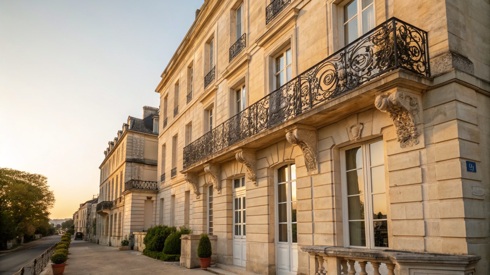Façade d'immeuble bordelais en pierre calcaire du 18e siècle avec balcon en ferronnerie, lumière atlantique dorée