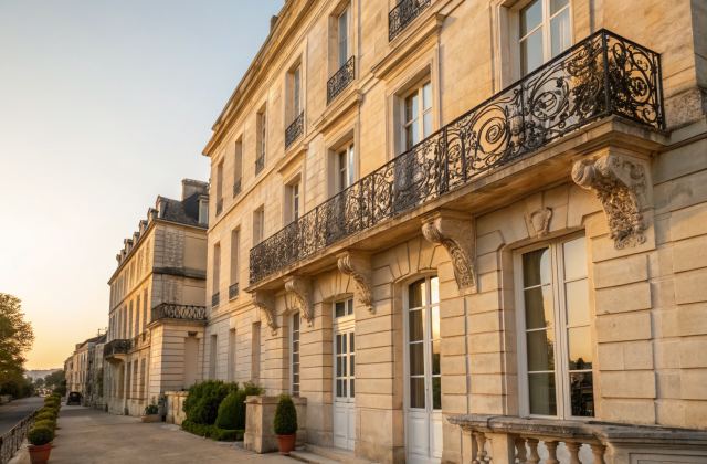 Façade d'immeuble bordelais en pierre calcaire du 18e siècle avec balcon en ferronnerie, lumière atlantique dorée