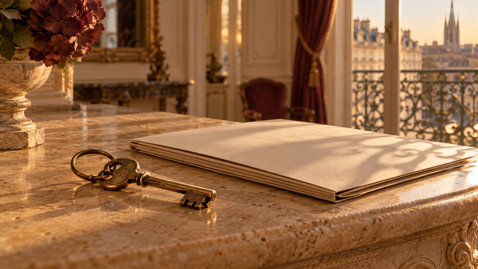 Clés en laiton et dossier de gestion posés sur une console en pierre bordelaise.