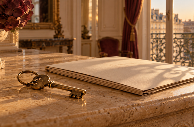 Clés en laiton et dossier de gestion posés sur une console en pierre bordelaise.