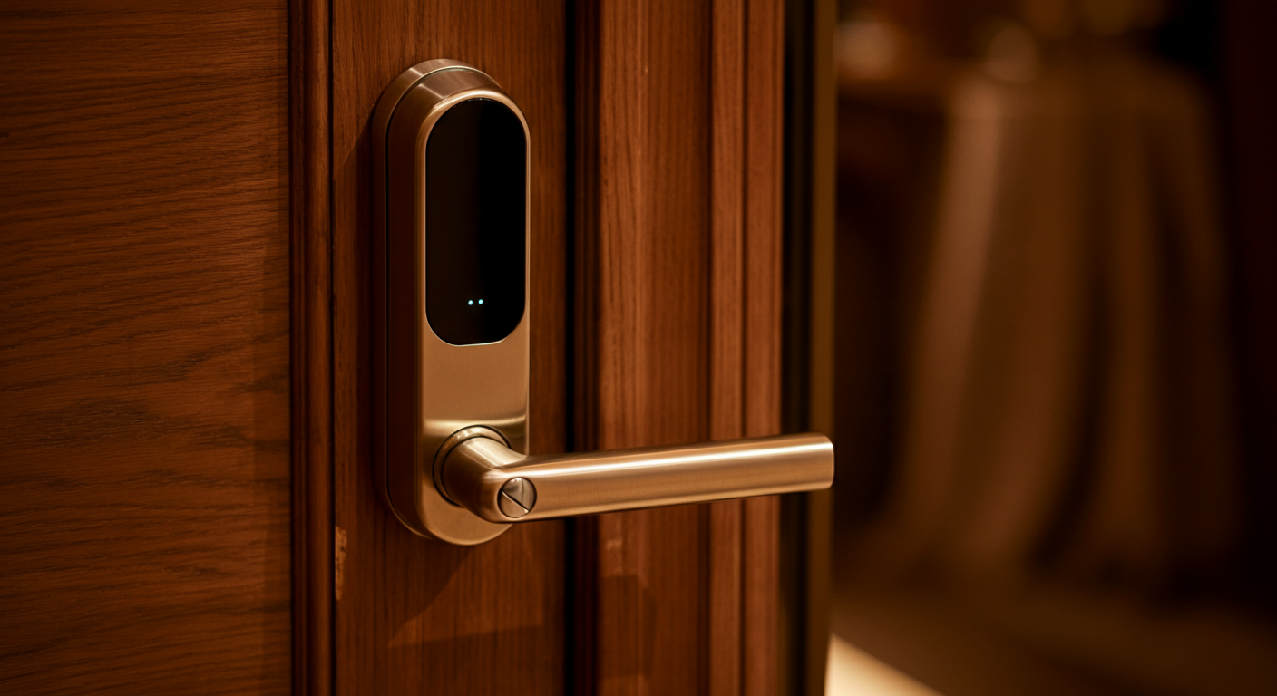 Serrure connectée moderne sur une porte en bois d'un appartement premium à Bordeaux