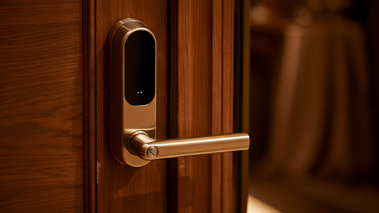 Serrure connectée moderne sur une porte en bois d'un appartement premium à Bordeaux