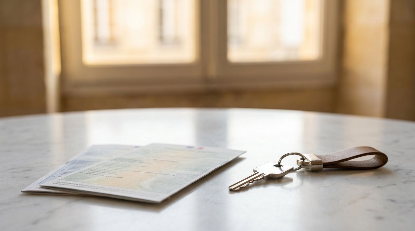 Documents d'immatriculation et clé d'appartement posés sur une surface en marbre blanc, fenêtre en pierre calcaire bordelaise en arrière-plan