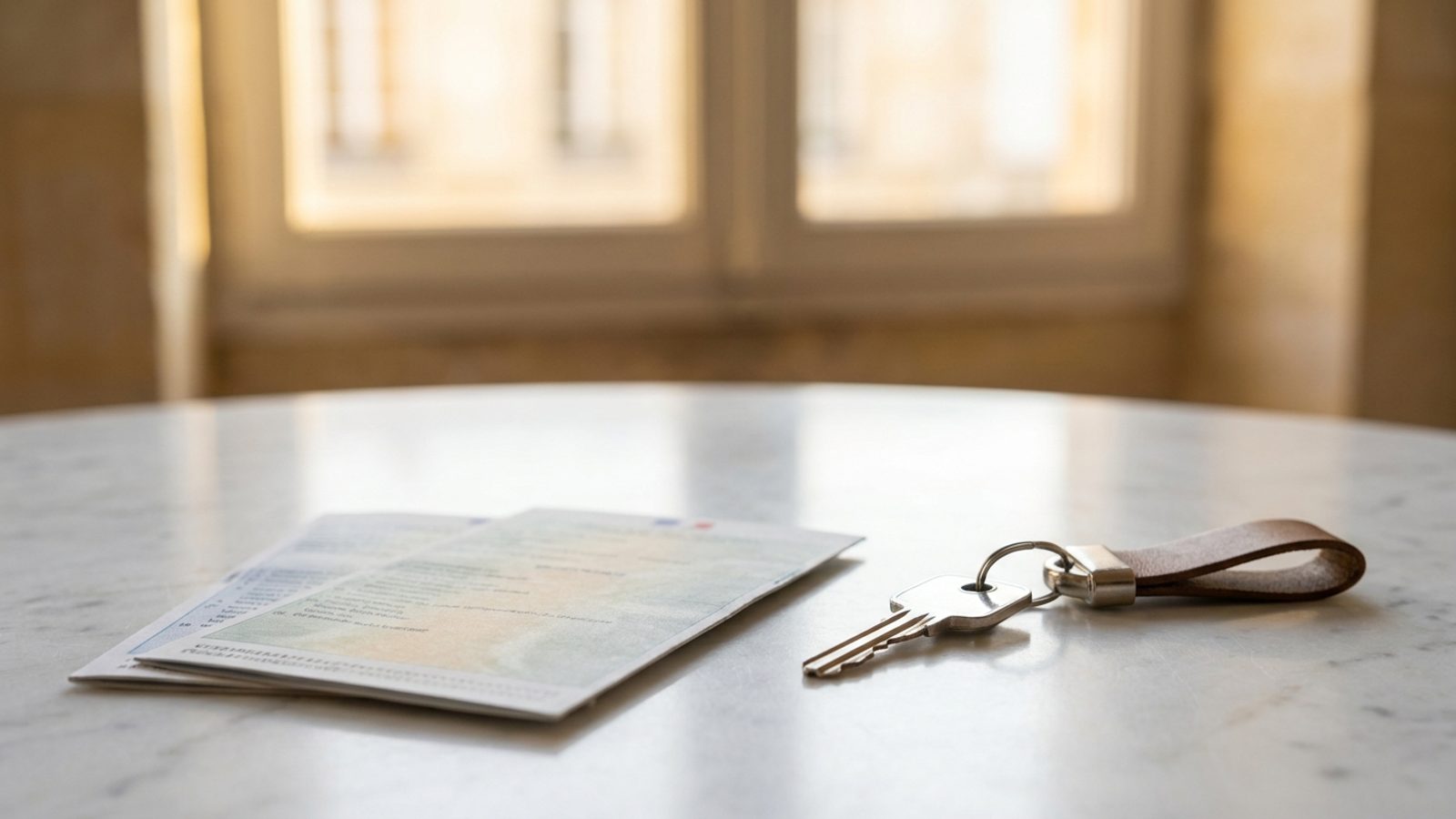 Documents d'immatriculation et clé d'appartement posés sur une surface en marbre blanc, fenêtre en pierre calcaire bordelaise en arrière-plan