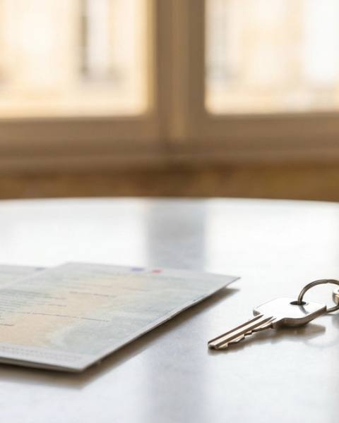 Documents d'immatriculation et clé d'appartement posés sur une surface en marbre blanc, fenêtre en pierre calcaire bordelaise en arrière-plan