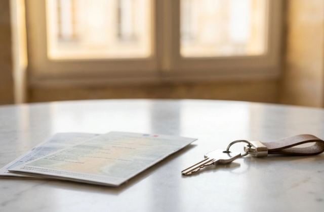 Documents d'immatriculation et clé d'appartement posés sur une surface en marbre blanc, fenêtre en pierre calcaire bordelaise en arrière-plan