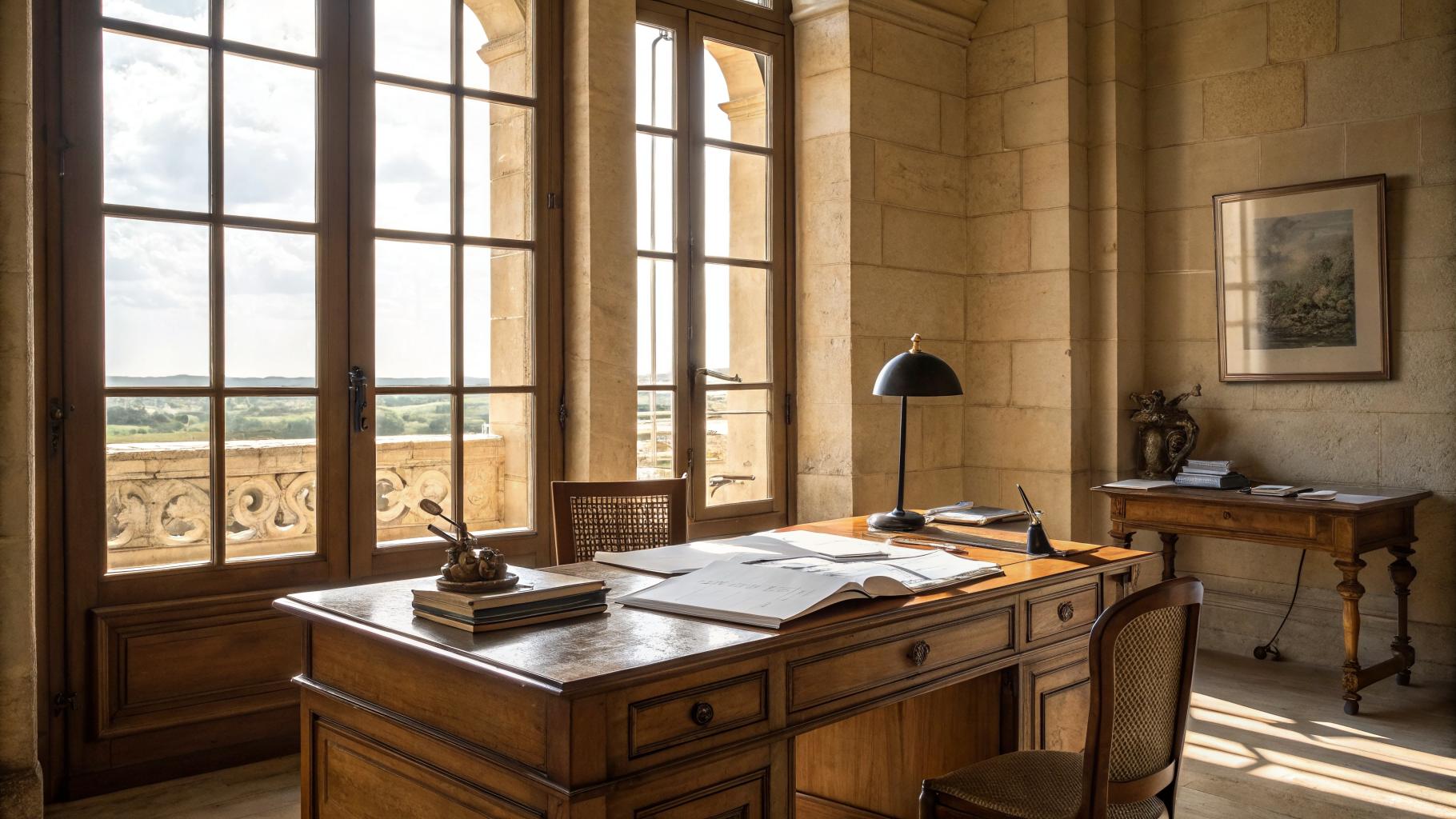Bureau en pierre calcaire bordelaise avec documents fiscaux et stylo, lumière chaude de l'après-midi à travers de hautes fenêtres