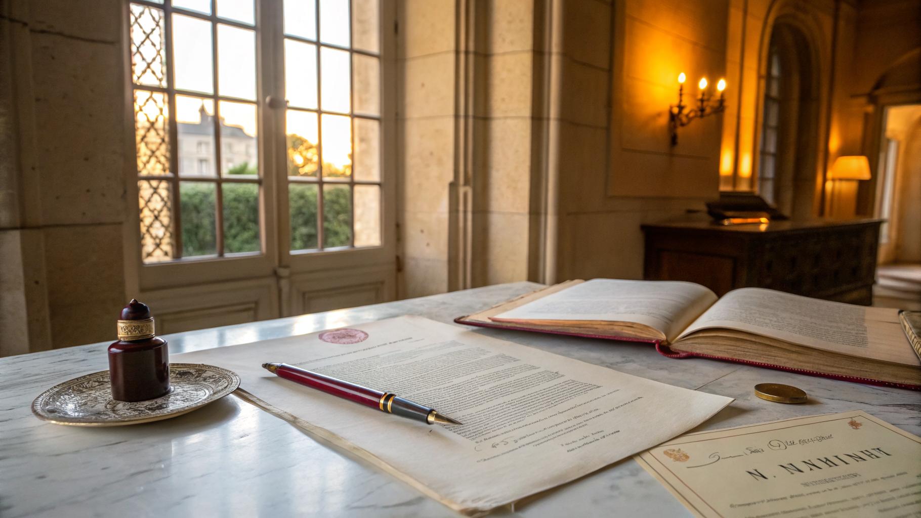 Documents juridiques officiels et plume sur marbre blanc, fenêtre en pierre calcaire bordelaise en arrière-plan avec lumière ambrée