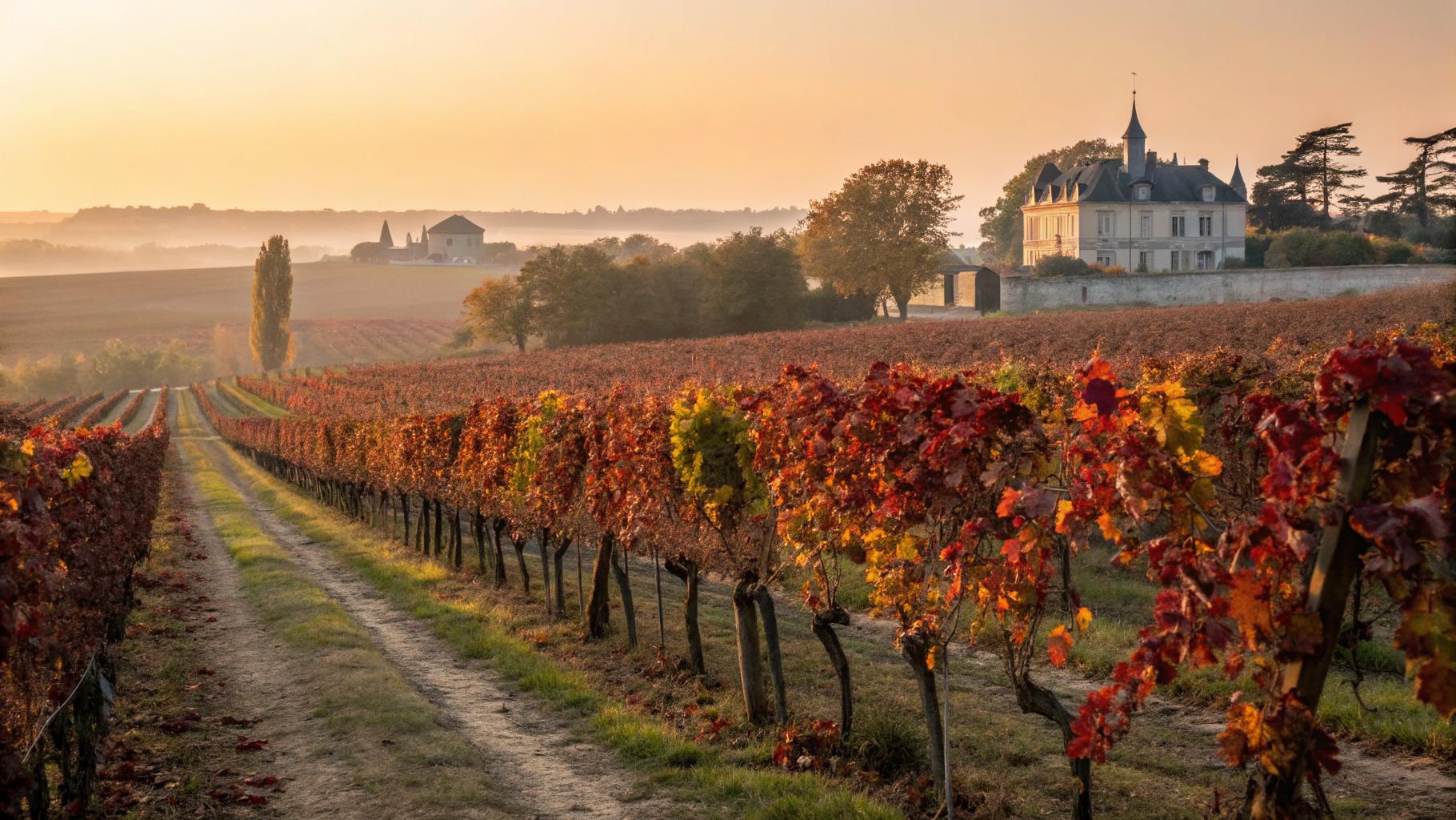 Rangées de vignes du Médoc à l'automne à l'heure dorée, feuilles rouge et ambre, château viticole en silhouette, lumière atlantique rasante