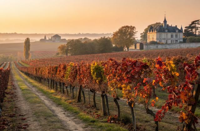Rangées de vignes du Médoc à l'automne à l'heure dorée, feuilles rouge et ambre, château viticole en silhouette, lumière atlantique rasante