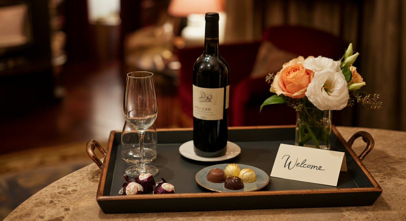 Plateau d'accueil hôtelier avec vin de Bordeaux, chocolats artisanaux, fleurs fraîches et mot de bienvenue manuscrit sur marbre