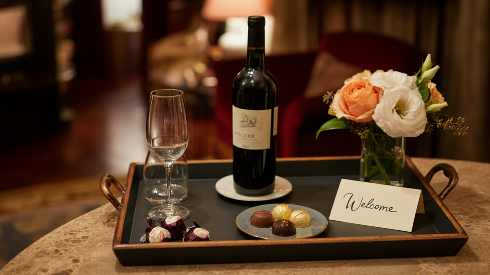 Plateau d'accueil hôtelier avec vin de Bordeaux, chocolats artisanaux, fleurs fraîches et mot de bienvenue manuscrit sur marbre